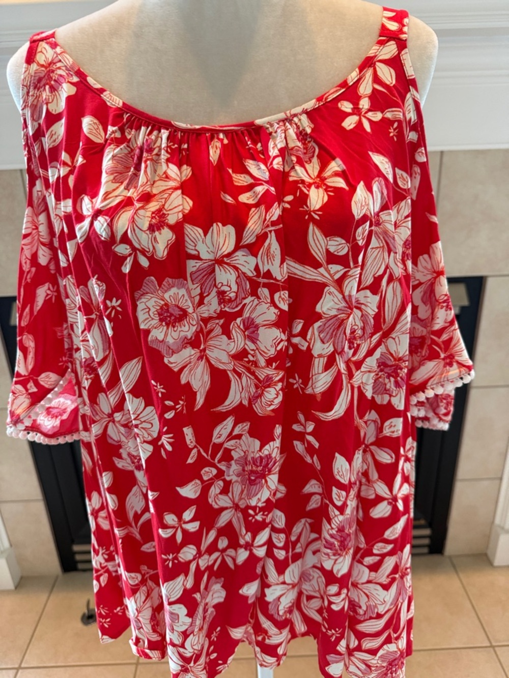Women's Red Floral Cold-Shoulder Blouse